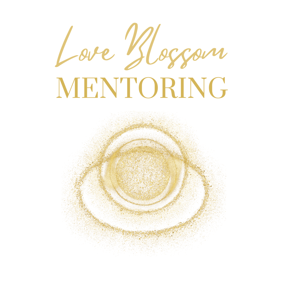 Love Blossom Mentoring Logo: goldene, glitzernde Rose auf dunkelgrünem Hintergrund.