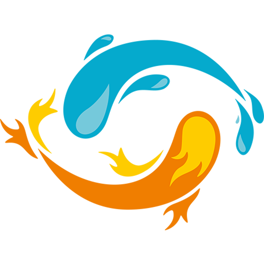 Logo mit zwei stilisierten Fischen in Blau und Orange neben dem Schriftzug „BÄDERCOACH“ in Weiß.