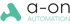 a-on AUTOMATION Logo mit türkiser stilisierter „a“-Form und schwarzem Text auf dunkelgrünem Hintergrund.