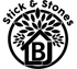 Schwarzes Logo "stick & Stones" über einem Baum mit Haus- und "LBJ"-Symbol.