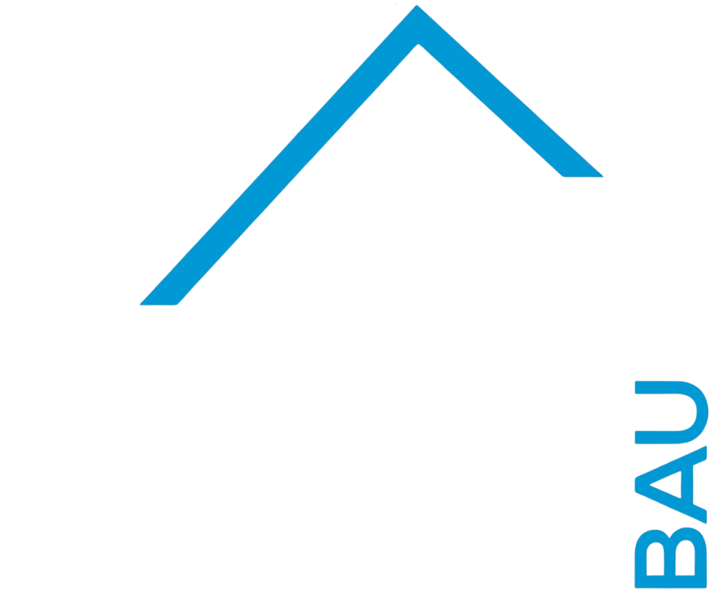 Logo der TCH BAU GMBH mit stilisiertem Hausumriss in Weiß und Blau auf schwarzem Hintergrund.