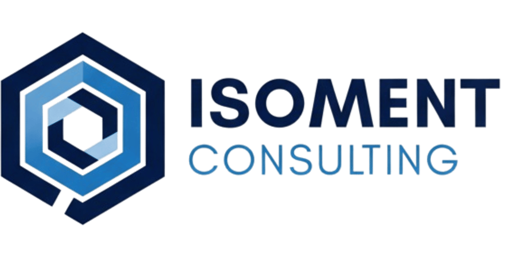Logo von ISOMENT CONSULTING mit einem blauen sechseckigen Symbol auf schwarzem Hintergrund.