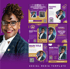 A woman with glasses and curly hair smiles next to a collage of purple and gold social media templates.