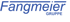 Blaues Logo der Fangmeier Gruppe auf schwarzem Hintergrund mit einer horizontalen Linie über dem Namen.