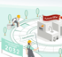 Zwei Bauarbeiter vor einem EEW-Gebäude mit "Future EEW"-Banner und der Aufschrift "Unternehmensstrategie 2032" und "Zukunftssicher".