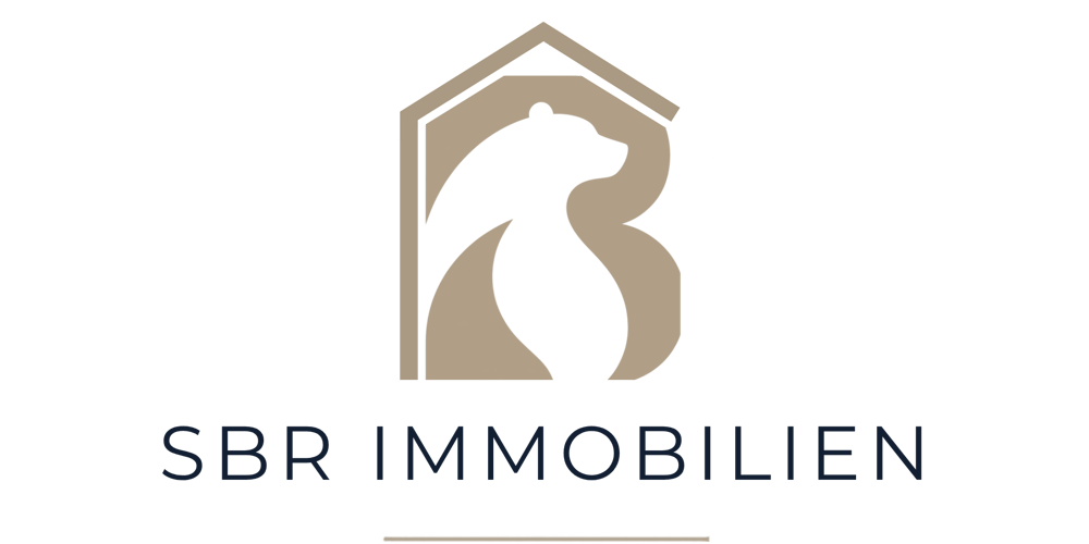 Logo von SBR Immobilien mit einem Bären in einer Hausform und dem Schriftzug SBR IMMOBILIEN auf schwarzem Hintergrund.