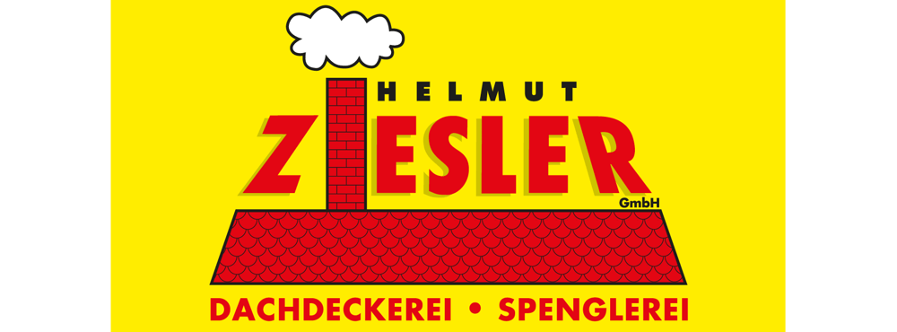 Logo: Helmut Ziesler GmbH, Dachdeckerei Spenglerei, auf gelbem Grund mit rotem Dach und Schornstein.