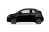 Schwarzer Fiat 500 mit zwei Türen und silbernen Felgen, von der Seite gesehen.