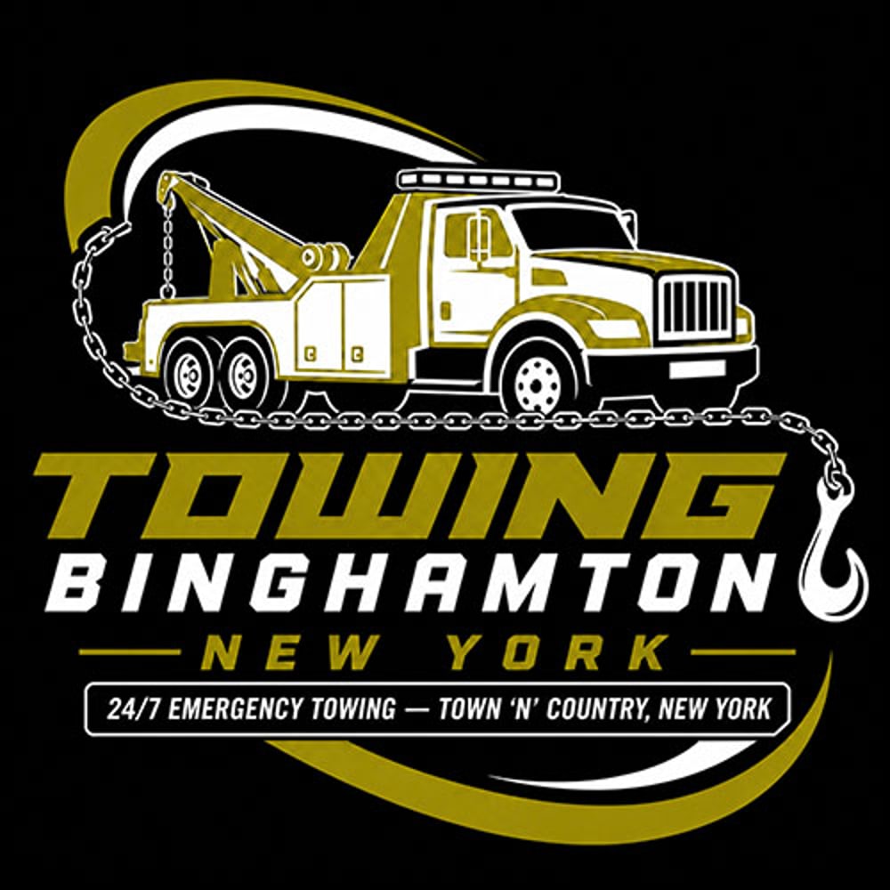 Gold tow truck with "TOWING BINGHAMTON NEW YORK 24/7 EMERGENCY TOWING" text on black background.