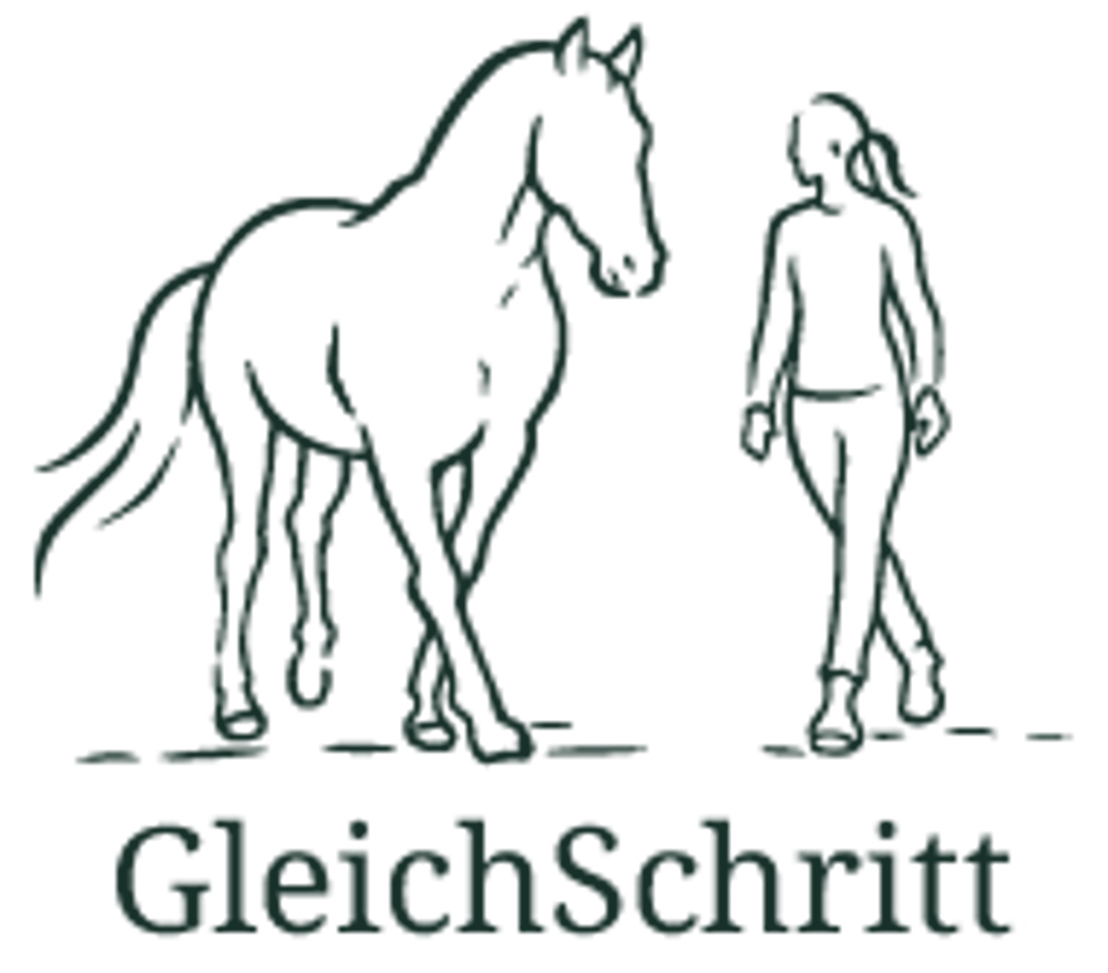 Dunkelgrüne Umrisse eines Pferdes und einer Frau mit Zopf, die nebeneinander auf schwarzem Hintergrund gehen.