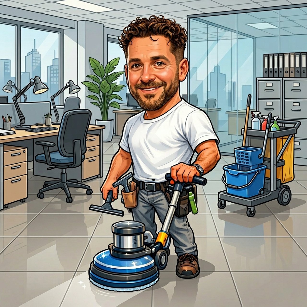Ein lächelnder Reinigungstechniker mit einem blauen Bodenpolierer und einem Reinigungswagen in einem Büro.