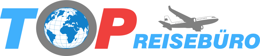 Blauer "TOP" Text mit rotem "P", Erdkugel, Flugzeug und blauem "REISEBÜRO" Text darunter.