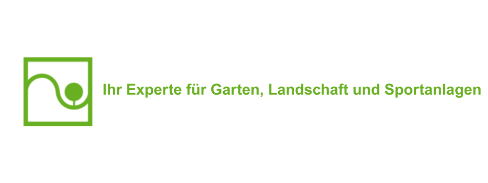 Grünes Logo mit geschwungener Linie und Punkt in einem Quadrat, daneben Text: "Ihr Experte für Garten, Landschaft und Sportanlagen".