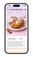 Smartphone-App zeigt Rezept „Sweet Potato Moment“ mit Foto einer gefüllten Süßkartoffel, Bohnen und Dip.