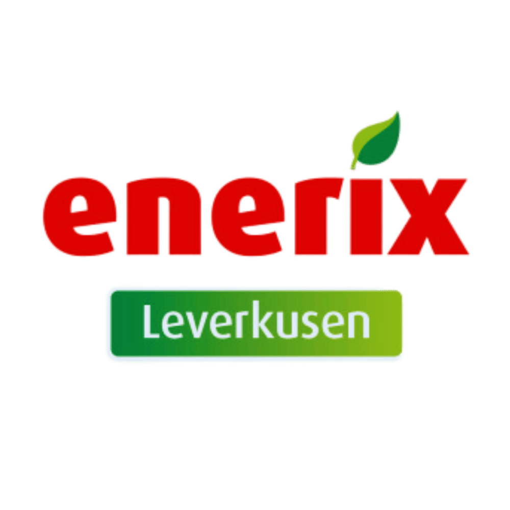 Enerix Leverkusen Logo: Grauer Schriftzug „enerix“ mit Blatt, darunter „Leverkusen“ auf dunklem Balken.
