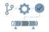 Document connected to gear and checkmark, all flowing into a pipeline. Text: CI/CD UND BEREITSTELLUNGSPIPELINES.