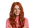Junge Frau mit langen roten Haaren, Brille und rosa Pullover schaut nach rechts, die Arme verschränkt.