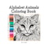 Alphabet Animals Coloring Book cover by S.A. Leys featuring a detailed line art cat and a row of colored pencils.