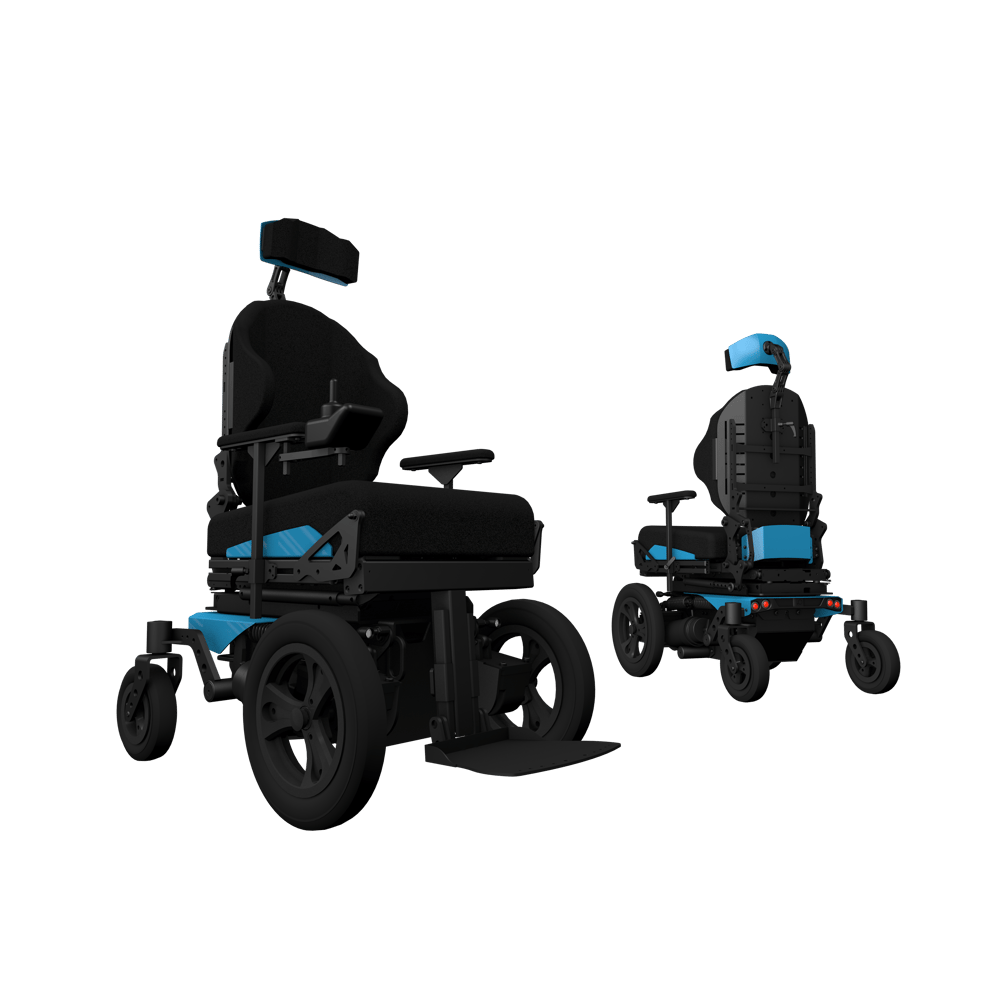 LP1 power wheelchair in black and blue, two views