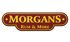 Logo mit gelbem Text Morgans Rum & More auf weinrotem Hintergrund mit goldener Umrandung.
