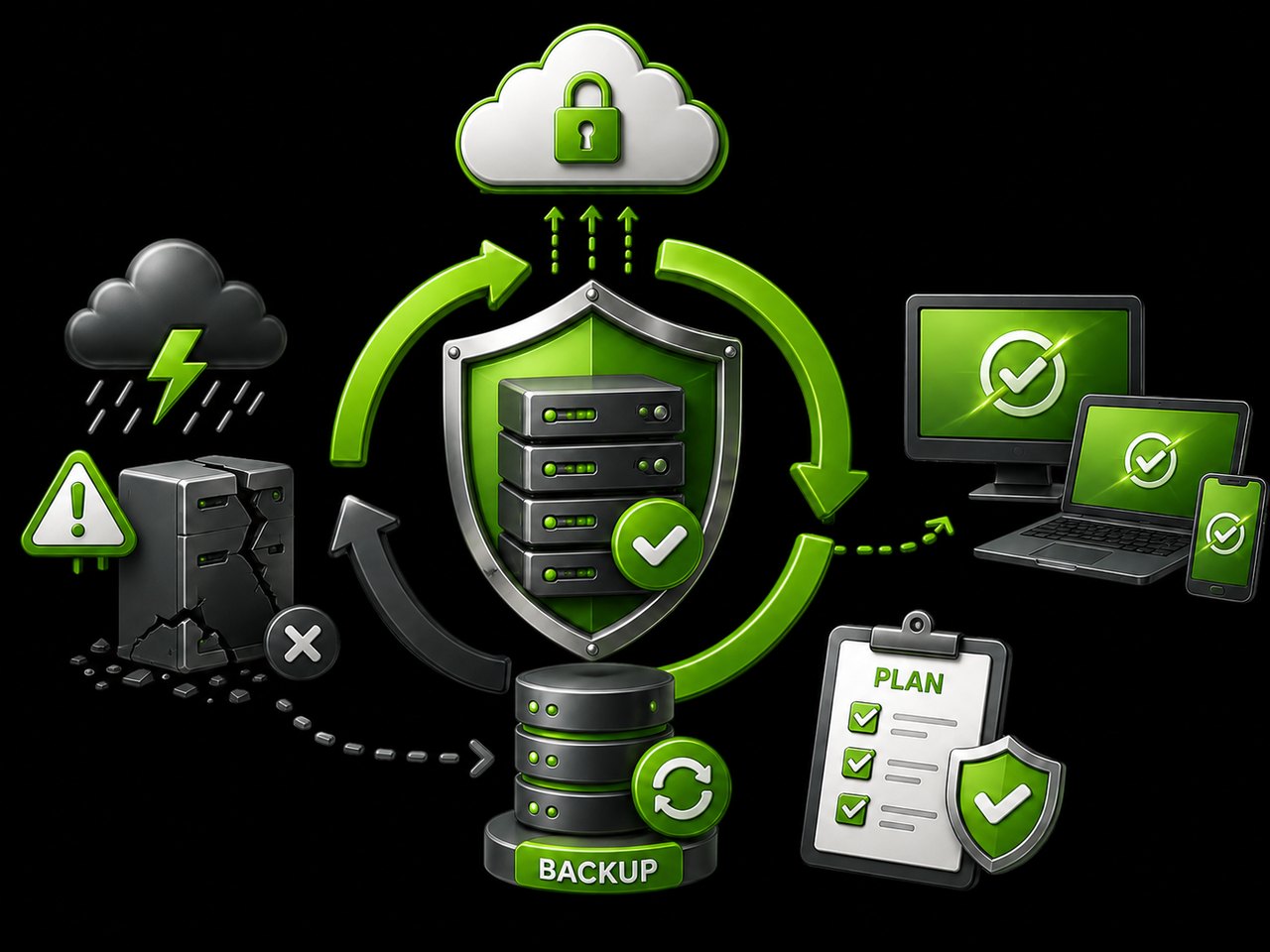 Grafik zum Backup-Plan mit Servern, Schutzschild und gesperrter Cloud als Sinnbild für eine geschützte Datensicherung