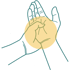 Eine Hand hält eine andere Hand von oben, wobei ein gelber Kreis die Mitte der Handfläche hervorhebt.