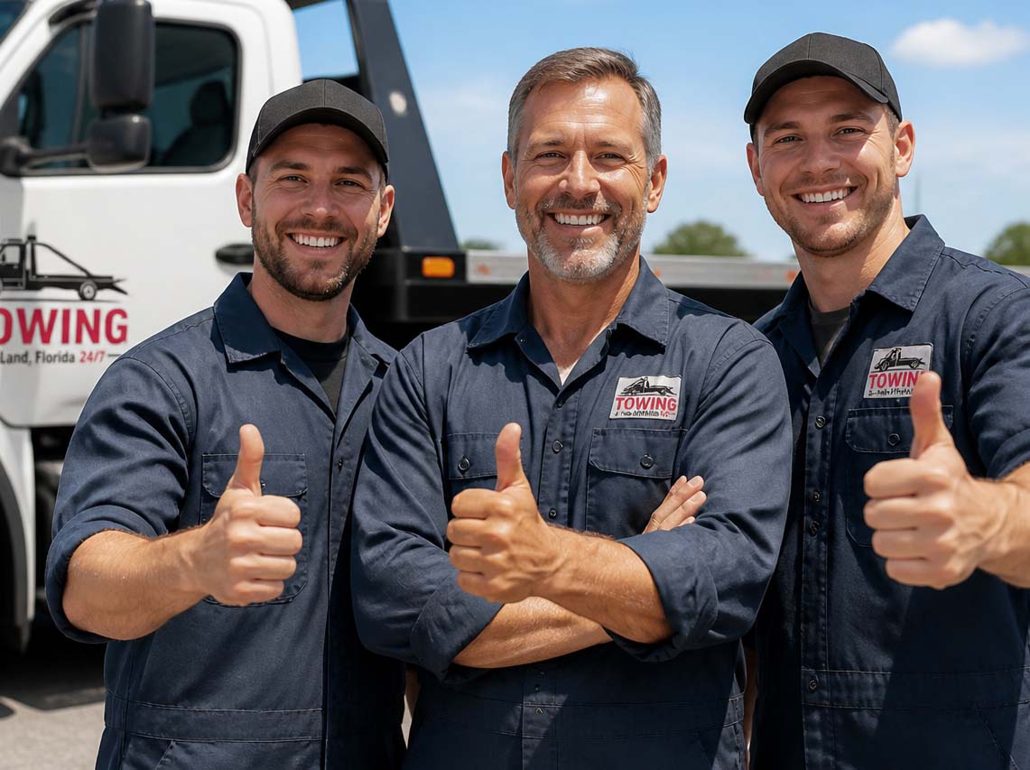 Three friendly tow truck operators giving a thumbs-up in front of a flatbed truck in DeLand, FL.