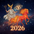 Griechischer Gott Hermes mit geflügeltem Helm und Stab, neben feurigem Pferd und Sternzeichen-Symbol vor Galaxienhintergrund. 2026.