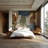 Schlafzimmer mit weißem Bett, Holzboden, großer Fensterfront und Wandbild alter Gebäude, Text: „Das Reisen bildet.“
