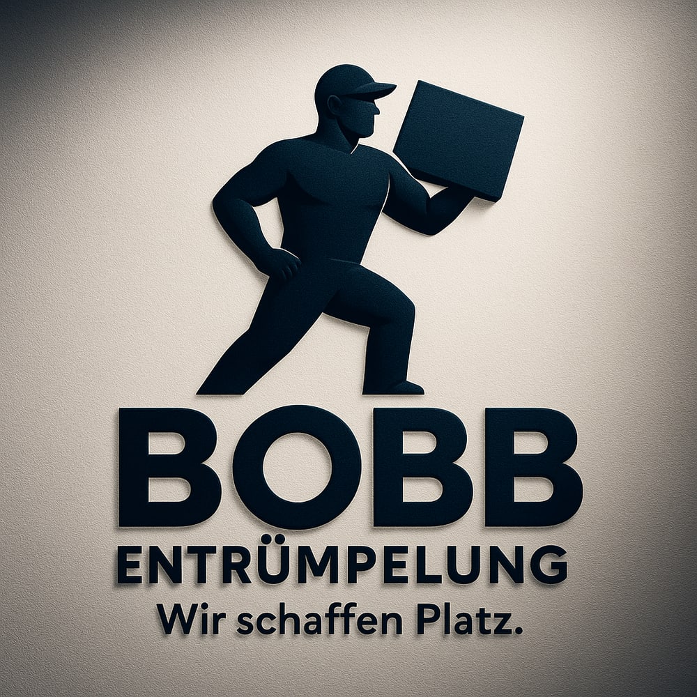 Männliche Figur mit Mütze trägt Kiste, darüber "BOBB ENTRÜMPELUNG Wir schaffen Platz.".