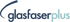 GlasfaserPlus-Logo mit dunkelblauer Schrift und einem stilisierten Glasfaserkabel oben links.