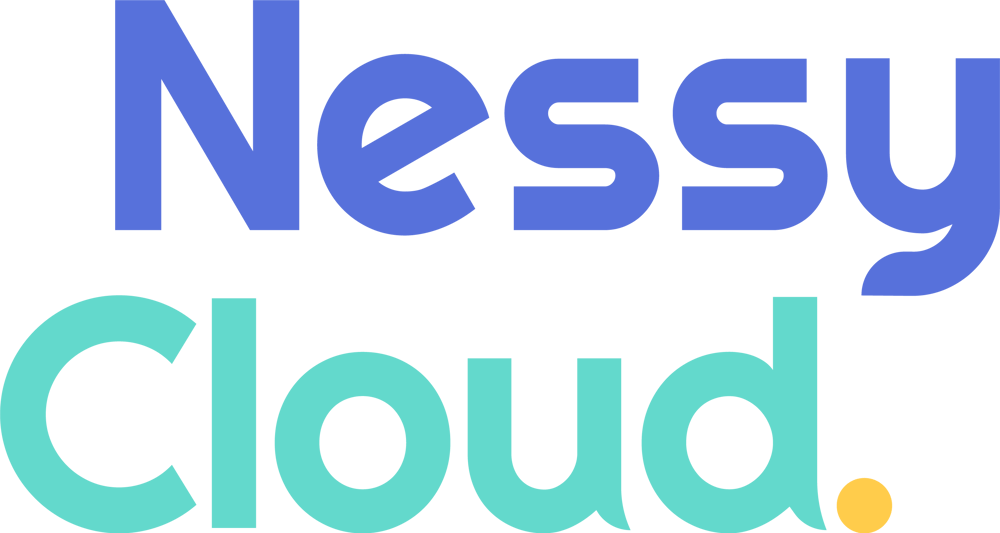 Blauer "Nessy" und türkisgrüner "Cloud"-Text mit orangefarbenem Punkt auf grünem Hintergrund.