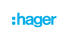 Türkisblaues Hager-Logo auf dunkelgrünem Hintergrund.