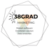 Logo „38GRAD MARKETING“, Slogan: „Marken aufbauen Emotionen wecken Ziele erreichen“, mit Sonnenstrahlen und Dreiecken.