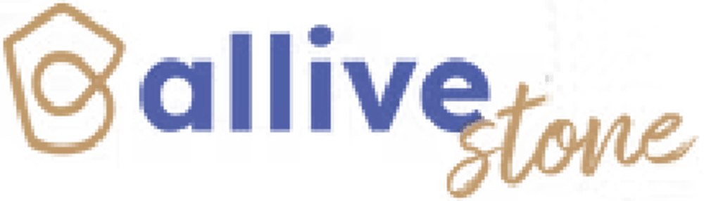 Logo mit dem Text „allive“ in Blau und und "stone" in Gold.