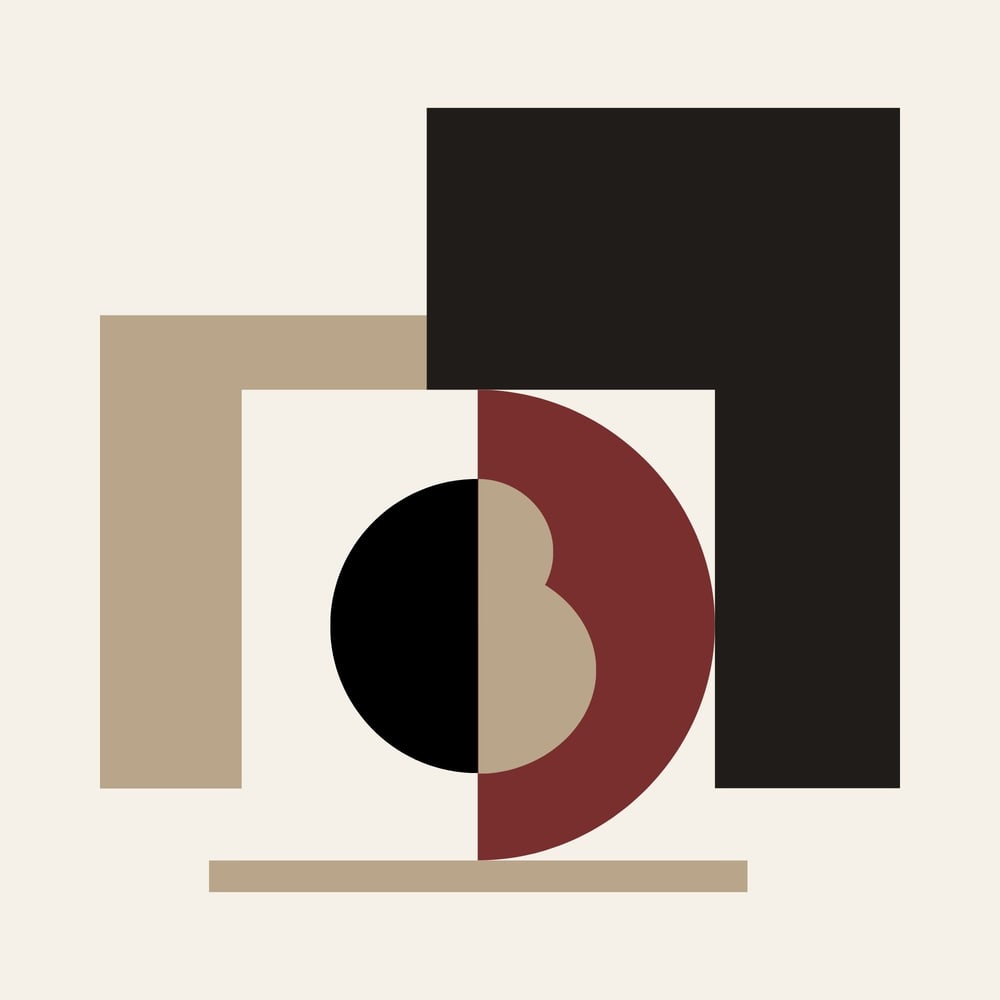 Stilisiertes Logo aus den Buchstaben "R" und "B" in Schwarz, Gold und Rotbraun auf beigem Hintergrund.