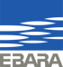 Blaues Rechteck mit grünen, horizontalen, ovalen Formen, darunter der graue Text EBARA.