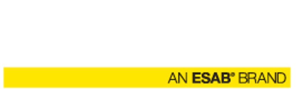 Weißer "Swift-Cut"-Schriftzug auf grünem Hintergrund, darunter ein gelber Balken mit "AN ESAB® BRAND".