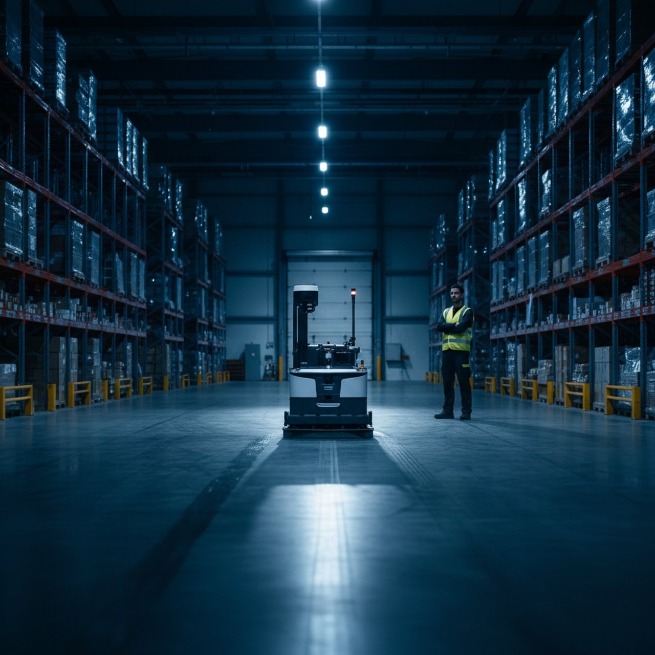 Autonomer Scheuersaugroboter reinigt die Bodenfläche einer Logistikhalle