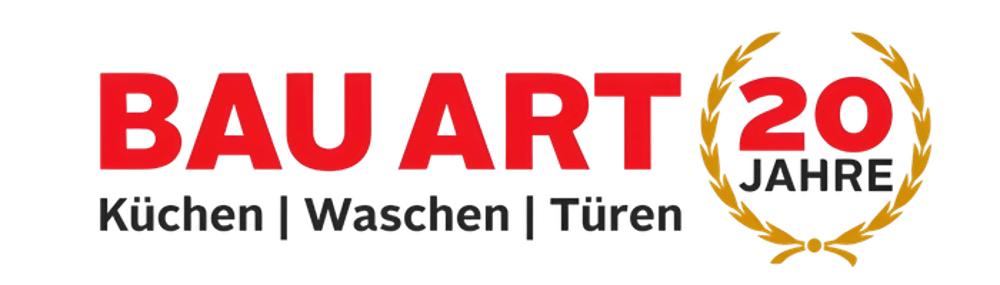 Roter Text "BAU ART", darunter "Küchen | Waschen | Türen", rechts goldener Kranz mit roter "20" und "JAHRE".