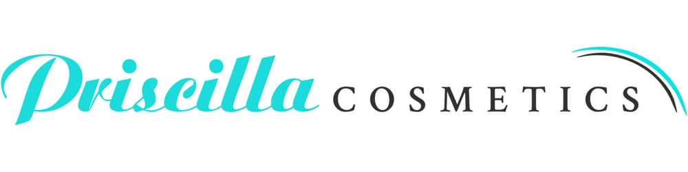 Priscilla Cosmetics Logo mit türkisfarbener Schrift und schwarzem Bogen über "Cosmetics".