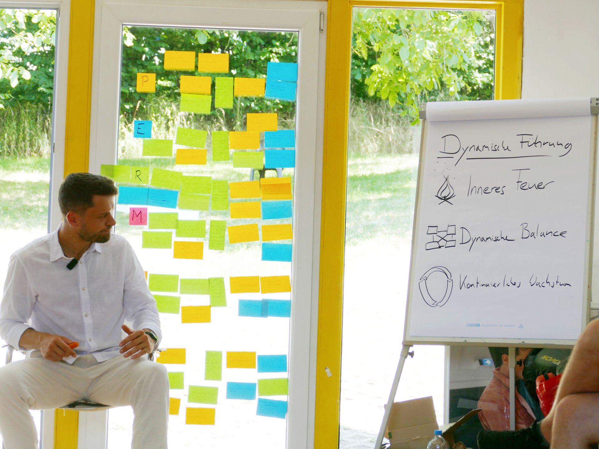 Nils Westrich im Training neben einem Flipchart mit den drei Pfeilern der Dynamischen Führung