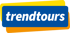 trendtours Logo mit weißem Schriftzug auf blauem Rechteck vor gelben und orangefarbenen Hintergründen.