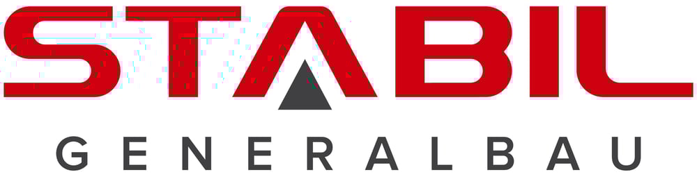 STABIL GENERALBAU Logo mit rotem Schriftzug und einem grauen Dreieck im A.