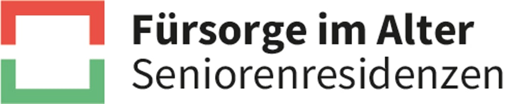 Rotes und grünes Rechteck-Logo, Text: „Fürsorge im Alter, Seniorenresidenzen“.