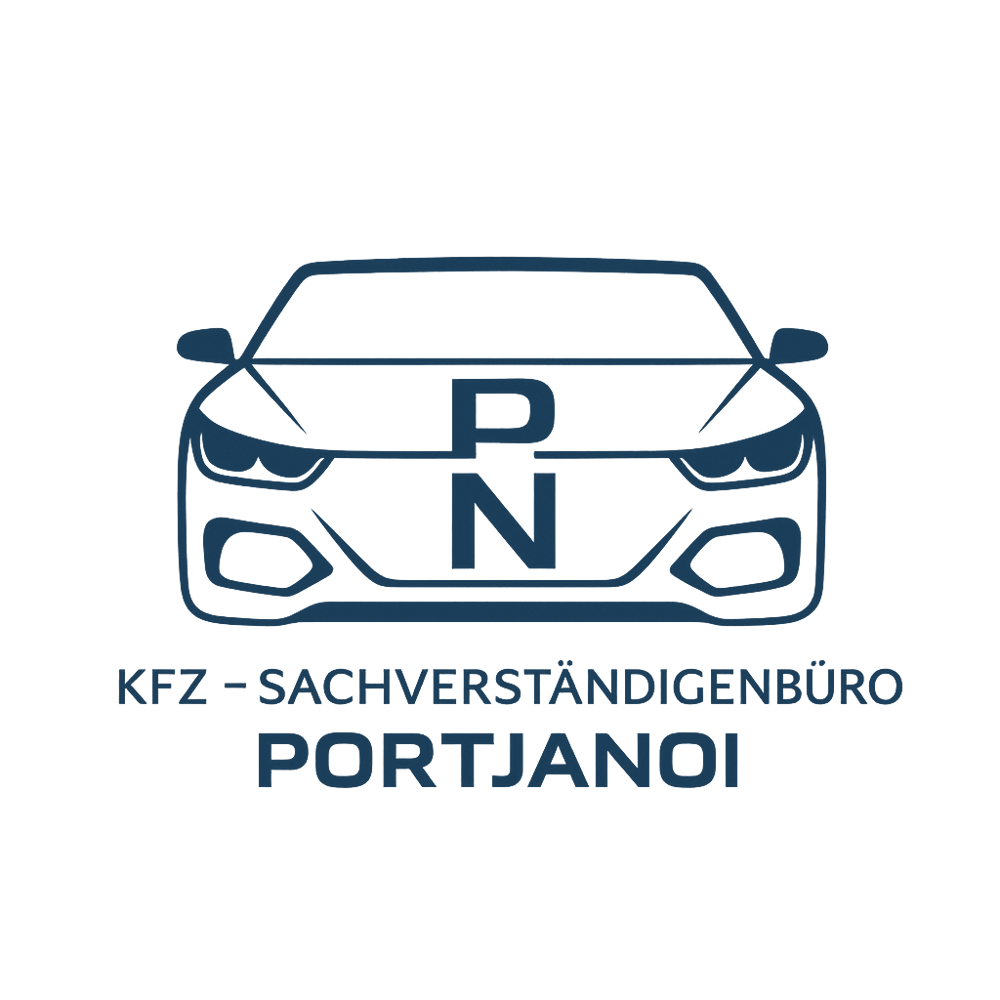 Blaues Auto-Logo mit Buchstaben "PN" auf der Motorhaube und Text "KFZ-SACHVERSTÄNDIGENBÜRO PORTJANOI" darunter.