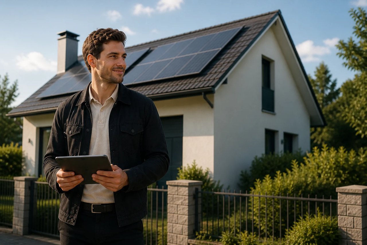 Lead Door Vertriebspartner vor einem Einfamilienhaus mit Photovoltaikanlage
