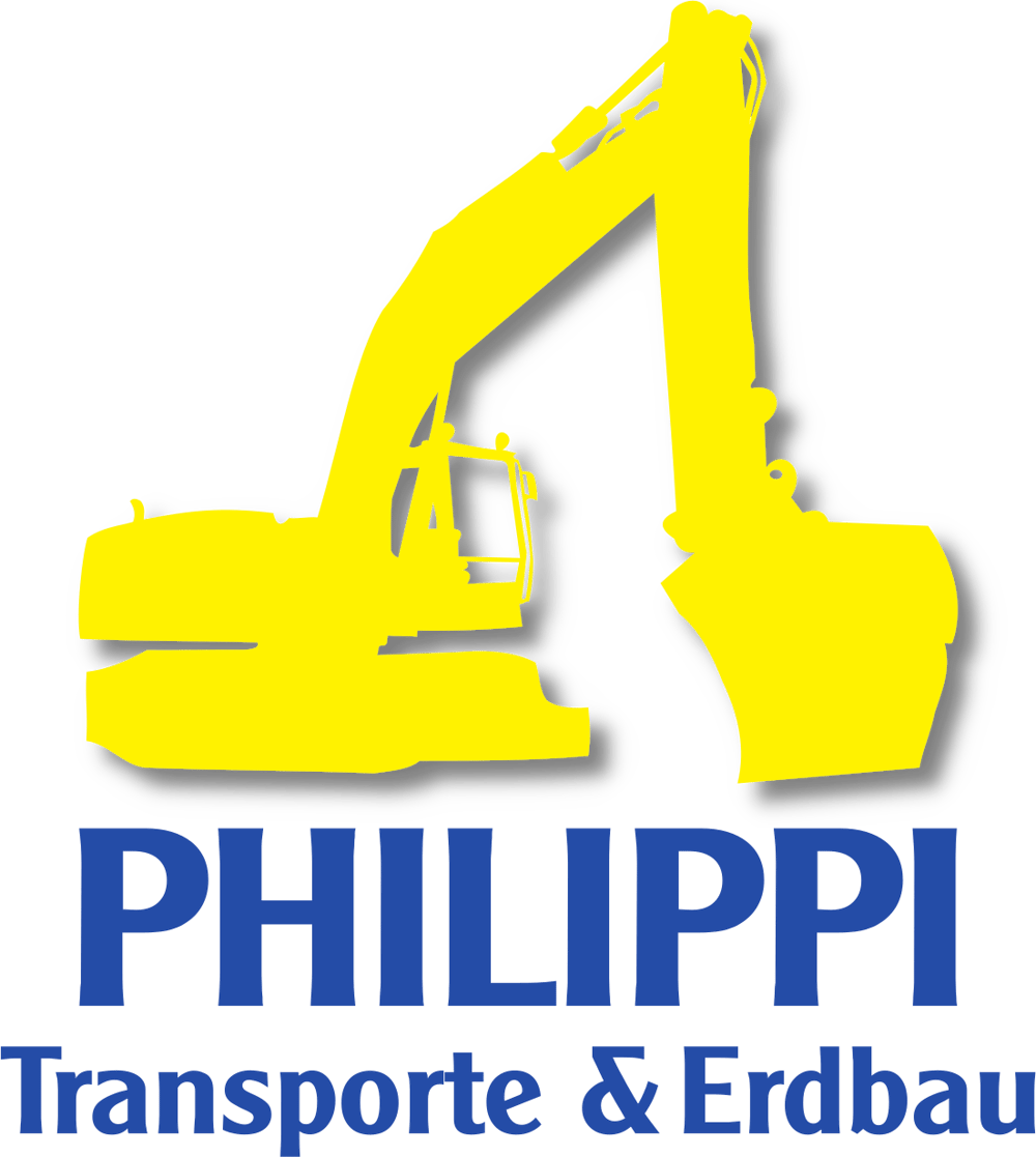 Gelber Bagger und blauer Text "PHILIPPI Transporte & Erdbau" auf dunkelgrünem Hintergrund.