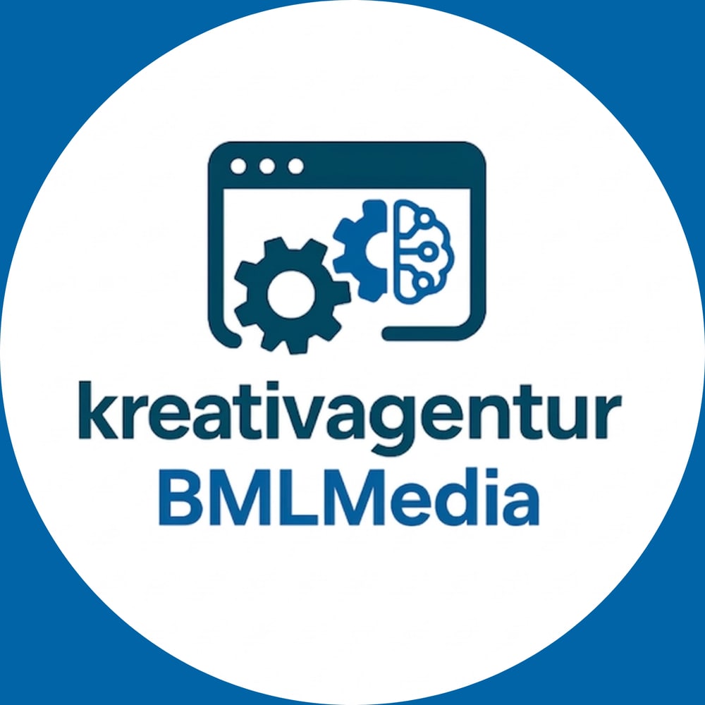 Ein Logo mit Browserfenster, Zahnrad, Gehirn und dem Text „kreativagentur BMLMedia“.