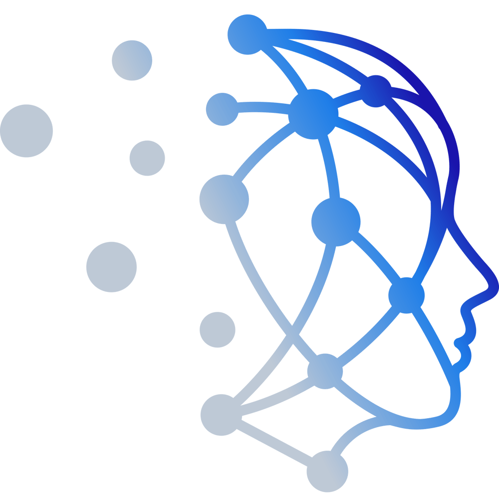 Stilisiertes menschliches Kopfprofil aus blauen und gelben Linien mit verbundenen Kreisen, umgeben von gelben Punkten.